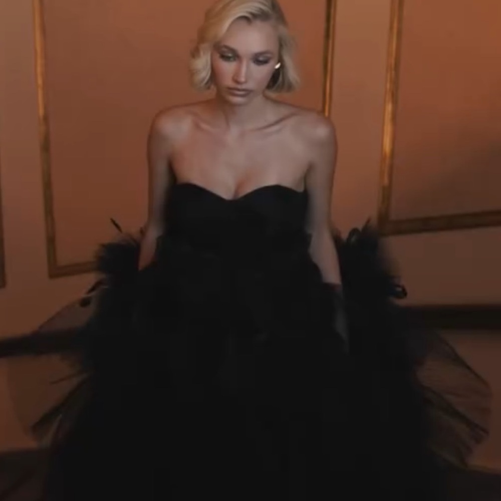 Mac Duggal Black Strapless Tulle Gown with Feather Detail - Picture 6 of 16